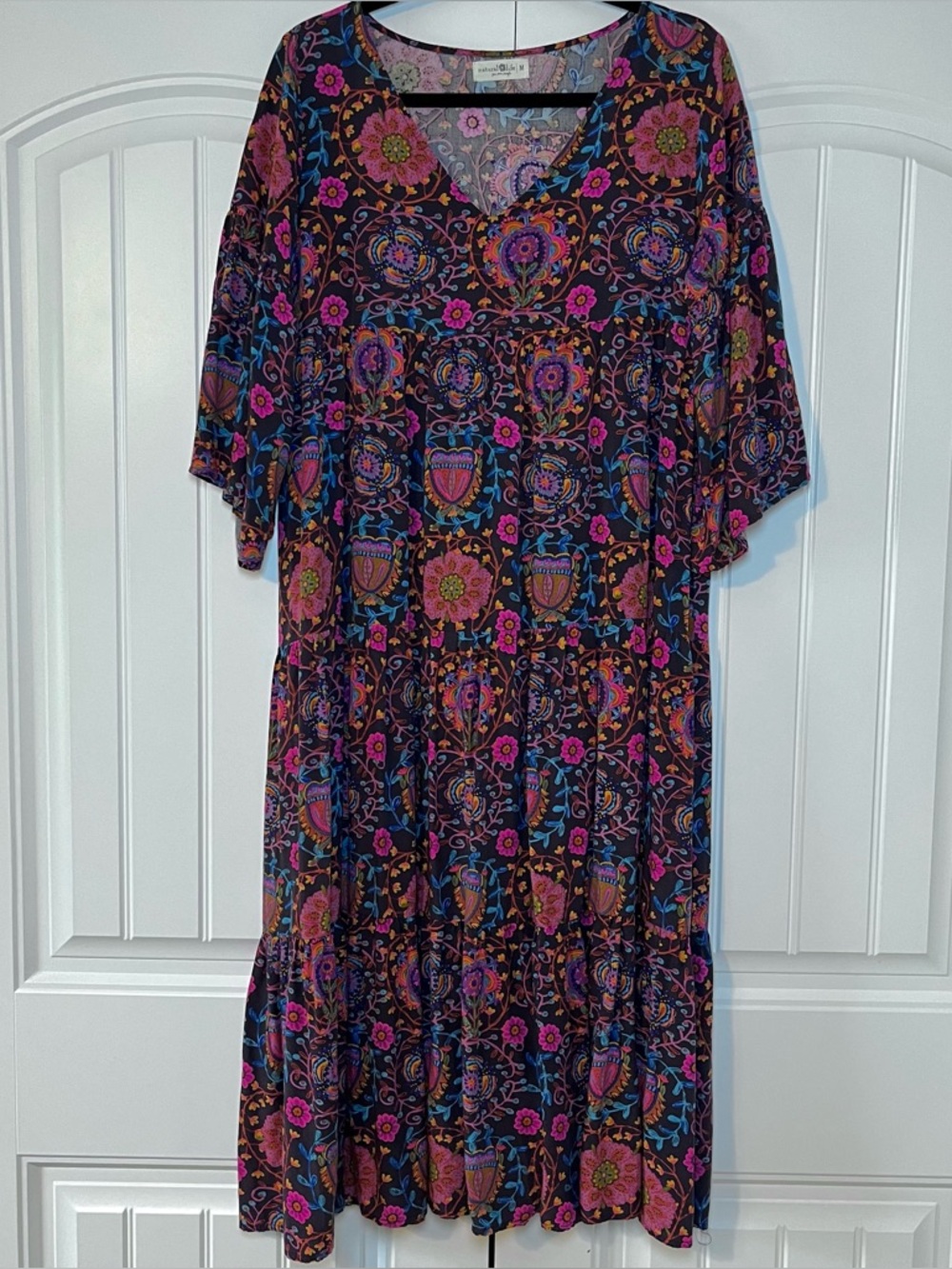 Natural Life Charlotte Midi Dress Size Medium Bell Sleeve Floral Flowy Boho - Picture 2 of 8